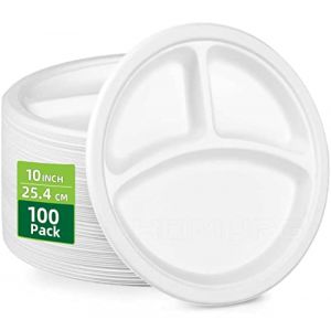 HOMURG assiette carton jetable ronde 25 cm, assiettes jetables anniversaire blanc portion régime, assiette 3 compartiments rigide, assiettes divisée blanche en papier restauration 100 pièces (HOMURG FR, neuf)