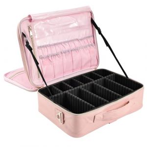 Joligrace Trousse de Maquillage Voyage Sac Maquillage Grande Malette à Ongles Rangement Maquillage Trousse Toilette Coiffure Makeup Bag Faux Cuir avec 2 Couche y Bandoulière Beauté Professionel, Rose (Xaigor, neuf)