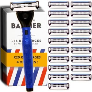 Rasoir 3 lames pour homme avec 20 recharges, Kit de rasage manuel L'AMBITIEUX, Compatible manche Monsieur BARBIER, Idéal pour peaux sensibles (Monsieur Barbier, neuf)