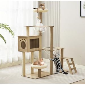 Arbre à chat en bois de 135 cm - Grand arbre à chat stable - Moderne - Avec copropriété, escalier pour chat, bol, grand arbre à chat (warmeng, neuf)