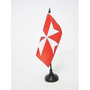 AZ FLAG - Drapeau De Table Croix Ordre de Malte 15x15 cm - Petit Drapeau De La Croix De Saint-Jean De Bureau 100% Polyester Avec Hampe De 25cm Et Socle En Plastique Noir (AZ-FLAG, neuf)