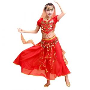 Costume Danse Orientale, Robe Danse Orientale Enfant Costume Danse Fille Classique Belly Danse Costume Ensembles De Spectacle Robe Costume D&eacute;guisement Fille pour 3-12 Ans (Red, 5-6 Years) (Qersh, neuf)