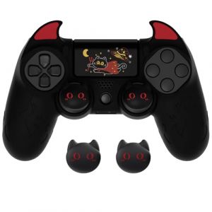PlayVital Protection pour ps4 Manette avec Capuchon Joystick,Housse Silicone pour ps4 Slim Pro Controller Skin Cover avec Thumbsticks Caps-Noir,Édition Démon (Game Skindecal Store, neuf)
