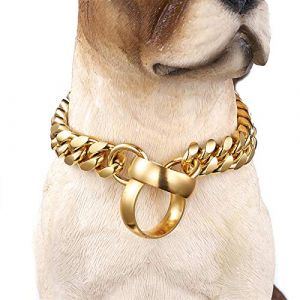 GZGLZDQ Collier de Chien en Argent et Or 18K, Chaîne Cubaine 14MM pour Gros Chiens, Collier à Maillons Métalliques en Acier Inoxydable (Color : Gold, Size : 28inch/71cm) (GZGLZDQ, neuf)