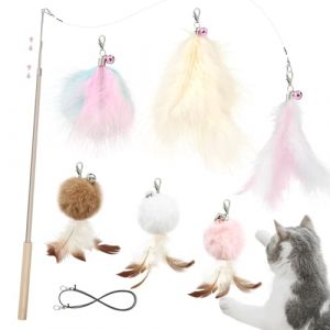 SONGWAY Jouet &agrave; Plumes pour Chat &ndash; 7 Pi&egrave;ces Jouets Chat Lot, 1 R&eacute;tractable Canne a Peche Jouet avec 6 Plumes Rechange avec Cloches, Jouet Interactif pour l'int&eacute;rieur Chats et Chatons, Rose (SONGWAY, neuf)
