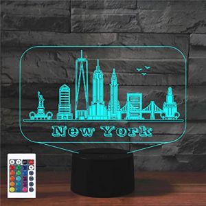 SUPERRUIDALONG Lampe de chevet 3D New York avec t&eacute;l&eacute;commande 16 couleurs - Illusion de veilleuse en acrylique LED - Pour chambre &agrave; coucher, bureau, anniversaire, No&euml;l, jouet pour enfants (rui da long, neuf)