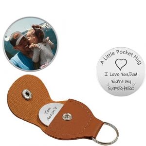 Jeton de poche personnalisé en cuir avec image - Porte-clés photo personnalisé pour papa, homme et femme - Jeton de poche personnalisé pour relation longue distance, Rond - Marron, 1.85x1.96 in (4.7x5 (hcundan, neuf)
