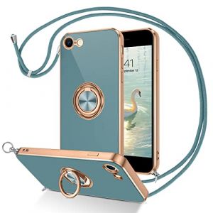 DUEDUE Coque pour iPhone 7/8/SE Cordon avec Anneau Rotatif, Protection Caméra Fine Doublure Microfibre Anti-Rayures, Coque Bague avec Corde Bandoulière Réglable pour iPhone 7/8/SE 2020/2022, Vert (XL-Direct, neuf)