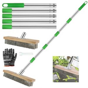 Balai Brosse Metallique avec Manche 190cm, Balai Métallique 30 cm, Brosse à Poils Métalliques Rigides pour Enlever Les Algues De Mousse De Mauvaises Herbes Terrasse (RIXING, neuf)