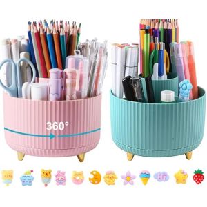 Lostwry 2 Pi&egrave;ces Support Rotatif &agrave; 360&deg; pour bureau, Pot a Crayon Organisateur de Bureau avec 5 Compartiments Rangement Stylo pour L'&eacute;cole, la Maison, les Fournitures de Bureau (Bleu + Rose) (Linseray EU, neuf)