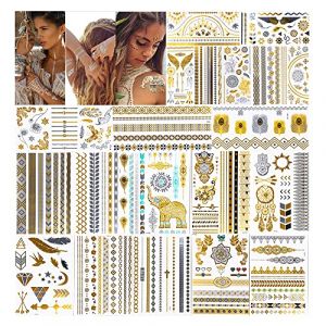 URAQT Tatouages Temporaires 20 feuilles, Autocollants Métalliques Étanche Dorés Faux Tatouages, Tatouage Ephemere Femme pour enfants adultes hommes et femmes Résistant Eau et Sueur, Non Toxique (Petit Wudong, neuf)