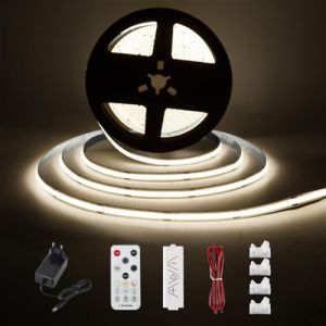 Enteenly Ruban LED COB Blanc Froid 3 mètres - Kit d'éclairage sous Meuble avec Télécommande RF pour Vitrine, Cuisine, Bureau, étagère, Placard - Adaptateur 24V inclus - 6500K (Dingran, neuf)