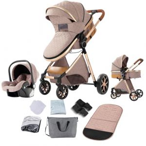 Prokoke Poussette 3 en 1, Poussette Bebe avec Conception Pliable en Un Clic, Poussette Combinée Réversible Deux Façons de Pousser, Poussette Citadine Alliage d'aluminium à Cadre (225 Khaki) (huangzhongguig, neuf)