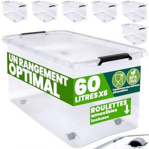 Deuba® 6X Boîte de Rangement 60L en Plastique Transparent empilable sans BPA Gain de Place Caisse de Rangement roulettes (DEUBA-FR, neuf)