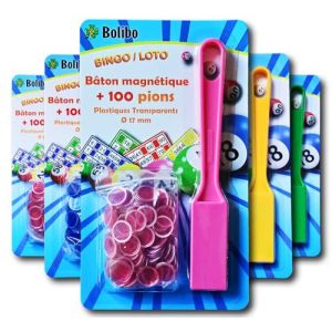 Bolibo JETON Loto magnétique Rose - Bâton magnétique + 100 PIONS - 17 mm de diamètre - Coloris au Choix - Bleu, Orange, Jaune, Vert, Rouge, Violet, etc... - Bingo (Rose) (Bolibo, neuf)