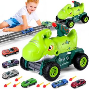BunnyJOY Camion de Transport Dinosaure avec 6 Voitures et 6 Missiles pour gar&ccedil;ons de 3, 4, 5, 6 Ans, Portable Jouet de Transport de Voiture, Jouet &eacute;jection Pliable, Vert (quanxun-E, neuf)