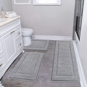 Pauwer Lot de 3 Tapis de Bain Antid&eacute;rapants, Tapis de Salle de Bain &agrave; Poils Longs en Microfibre avec Tapis de Toilette Doux et Absorbant, Lavable en Machine, Contour WC, Gris (Pauwer Enyhom, neuf)