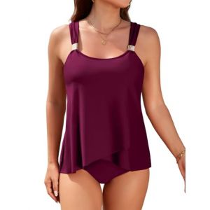 Nadeer Ensemble Tankini Maillot de Bain Femme 2 Pieces Gainant Ventre Plat avec Bas Taille Haute Imprim&eacute; &agrave; Volants Swimwear R&eacute;glable Maillot de Plag Beachwear Swimsuit(Rouge Pourpre,XL) (Likela, neuf)