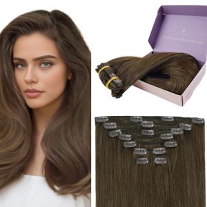 Fshine Extension Cheveux Naturel Clip Cheveux Humains Chocolat Brun Real Human Hair Clip in Extensions 60.9cm Extensions a Clip Cheveux Naturel Lisse Extensions Clip Vrai 120g 7Pcs (Fshine Hair Eu, neuf)