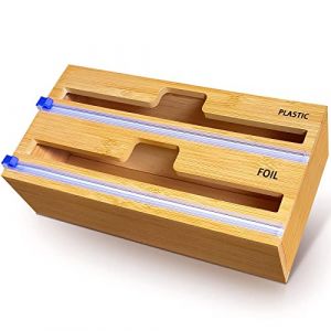 QINGLOU Distributeur Film Alimentaire, Distributeur Papier Aluminium en 100% Bambou – Distributeur D'Organisateur d'emballage en Papier Parchemin en Aluminium pour Tiroir De Cuisine (2 en 1) (QINGLOU, neuf)