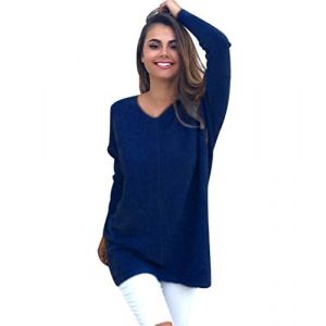 Pull Long Femme Col V Oversize Tricot Pull Grosse Maille Femme Chandail Femme Large Pull Grosses Mailles Manche Longue Femme Chaud Loose Ample Hiver Chandails Sweater Manches Longues Chic Bleu Fonc&eacute; M (Pengniao, neuf)
