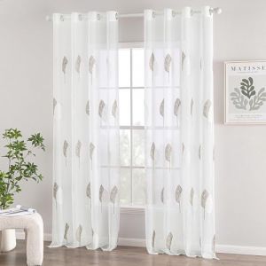 MIULEE Rideaux Voilage avec Beau Motif de Feuilles Couleur Lin et Blanc, Intérieurs Rideau Voile Brodé a Oeillets Largeur 140 CM Hauteur 260, Transparent Voilage Fenetre Design Moderne Chambre Salon (MIULEE HOME, neuf)