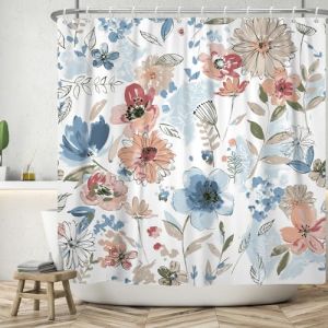ASDCXZ Rideau de Douche Fleurs 180x220 cm, Printemps Aquarelle Bleu Orange Rouge Fleurs Feuilles Vertes Blanc Lavables Textile Rideau de Bain imperm&eacute;able pour Baignoire avec 12 Crochets (Qingjuan Trade, neuf)