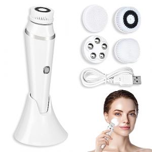 BNGXR Brosse Nettoyante Visage Electrique, Rechargeable Brosse Visage Rotative avec 4 Brosses Etanche Nettoyante Visage Appareil Nettoyeur de pores électrique, Exfoliation Douce (Blanc) (JINHONG-EU, neuf)