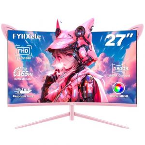 FYHXele FY27FHP Moniteur Rose 27 Pouces incurvé Gaming 165Hz - Ecran VA 144Hz 1800R 1ms 1920x1080P, Haut-parleurs intégrés, AMD Free-Sync, HDMI, DP, USB, AUX, Inclinaison réglable (FYHX Offical Store, neuf)