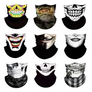 UBERMing 9 Pièces Cache Cou Foulard Multifonction Bandana, Masque Moto Tête de Mort Demi Cagoule, Tour de Cou Homme Femme pour Ski Course à Pied Vélo Fête d'Halloween (SringP, neuf)