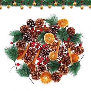 195 Pi&egrave;ces Fournitures pour la fabrication de couronnes de No&euml;l Pomme de pin Baies B&acirc;tons de cannelle Branches de pin artificielles Tranches d'oranges Glands Accessoires couronnes de No&euml;l (195Pcs) (MOANDH, neuf)