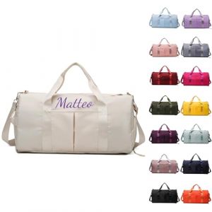 Sac De Sport Personnalisable, Brod&eacute; Sac Voyage, Sac Sport avec Compartiment Chaussures pour Femme Et Homme Sac De Voyage Femme Imperm&eacute;able Sac De Transport avec Nom Sac De Weekend (Blanc) (Alice Personalization Workshop, neuf)