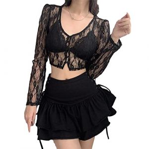 Loalirando Crop-Top Bol&eacute;ro Femme en Dentelle &agrave; Manches Longues Chemise Court Sexy Transparent (Noir, M) (Biu-clothing, neuf)