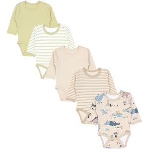 TupTam Body B&eacute;b&eacute; Gar&ccedil;on &ndash; Lot de 5 Bodies B&eacute;b&eacute; &agrave; Manches Longues, Coton OEKO-TEX, Bodies B&eacute;b&eacute; 0-3 Mois, Dino Sauge Verte Rayures Light Beige, 98 (LotteStyle, neuf)