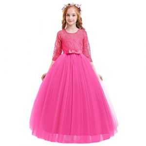 IWEMEK Enfants Fille Robe de Carnaval Princesse Longue en Dentelle avec Bowknot Demoiselle d'honneur Robe de Soirée Mariage Robe de Première Communion Anniversaire Fête Photographie 9-10 Ans (IWEMEK, neuf)