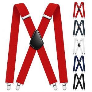 Aomig Bretelles Homme Larges Réglable 4 Clips, Bretelles Extra Larges en X pour Hommes avec Pinces Rouge Foncé et Tissu Épais - 3.5 cm (OODDH, neuf)