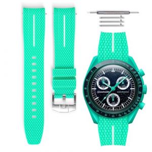 HORACE Bracelet de montre caoutchouc universel à dégagement rapide compatible avec Omega x Swatch MoonSwatch 20mm (POLAR LIGHTS Cyan - Ligne blanche - Argent) (LCGlobal, neuf)