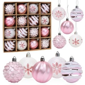 Boules de Noël Rose, 16pcs Boule d'arbre de Noël 6cm, Ornement de Sapin de Noël, Peint Boule Noel Plastique Rose Blanc avec Lanière pour Decoration Sapin Noel Intérieure ou Extérieure (WANGKAIYUEKEJI, neuf)