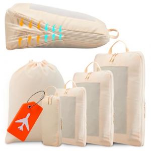 Organisateur Valise Lot de 5, Packing Cubes Compression Rangement Valise Livré avec Etiquette Valise, Organisateur de Valise pour Voyages ou Stockage à Domicile (Jkevolve, neuf)