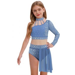 Linjinx Enfant Fille Justaucorps de Gymnastique Robe Danse Classique Lyrique Asym&eacute;trique Robe de Patinage Artistique Paillette et Jupe Tutu Costume Performance 5-16 Ans Bleu clair 11-12 ans (Linjinx, neuf)