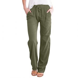 Femme Lin Pantalon Coton Lin Pantalon L&eacute;ger Casual Elegant Pantalon &Eacute;lastique Pantalon D&eacute;contract&eacute;e Fluide Couleur Unie Mode Pants avec Poches Grande Taille Pantalon de Jogging &agrave; Cordon (Blingko, neuf)