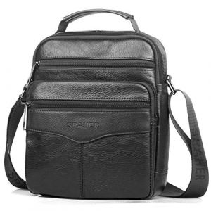 SPAHER Grand Sacoche Homme Bandouliere Cuir Sac porté Epaule En Cuir Ipad Homme Pochette Besaces Sac à dos Sac de Messager Porte-documents Sac Bandoulière Cartable Crossbody Sac à Main Noir (SPAHER GROUP-FR, neuf)