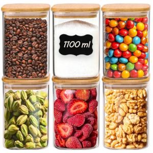 ComSaf Bocal en Verre Avec Couvercle, Pot en Verre Avec Couvercle, 1100 ml, Lot de 6 Pi&egrave;ces, Convient Pour Haricots Rouges Petits, B&acirc;tonnets de Biscuit, Pignons de Pin (Mucihome-europe, neuf)