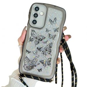 Yzniyzce Cordon de Coque Compatible avec Samsung Galaxy S24 / S25 5G 6.2'', Transparentes Wave Housse Brillant Paillette R&eacute;glable Lanyard Cute Silicone Lanyard Papillon &Eacute;tui pour Fille Femme, Blanc (Ynice, neuf)