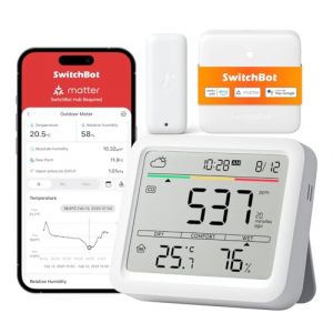 SwitchBot D&eacute;tecteur de CO2 sans fil, appareil de mesure de CO2 avec thermom&egrave;tre IP65, hygrom&egrave;tre et hub, mini mat, appareil de mesure de la qualit&eacute; de l'air avec alarme de CO2, capteur de CO2 (SwitchBot, neuf)