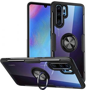 Coque Pour Huawei P30 Pro,Étui protection armure conception fibre verre cristal clair avec un support rotatif à 360 degrés prise bague maintien doigt [support voiture magnétique] P30 Pro,Cadre Noir (Watacity LLC, neuf)