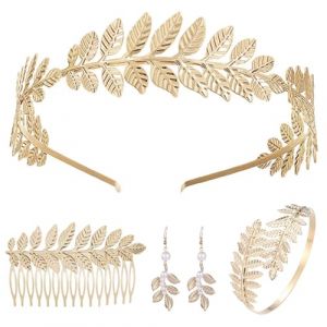 MisFun 4 Pièces Déesse Grecque Costume, Couronne Laurier Doré, Bracelet Manchette, Boucles d'Oreilles Perle, Pince à Cheveux, Parure de Bijoux Pour Femme en Costume de Déesse Grecque (JIANGX, neuf)