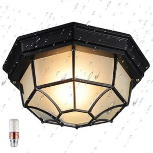 KZT Plafonnier industriel rétro vintage - Étanche IP54 - Abat-jour en verre mat - E27 antique - Éclairage de plafond d'extérieur - Pour abri de voiture, terrasse (Partn, neuf)