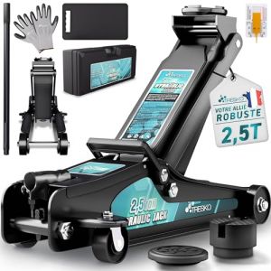TRESKO Cric hydraulique 2,5T hauteur de levage 85-385 mm avec mallette | Cric hydraulique auto plat pour voiture - Roues à 360° avec 2 coussinets en caoutchouc, tapis de genou, gants, couteau (DWD-Company, neuf)