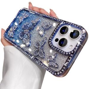 QoKcoahn Coque de t&eacute;l&eacute;phone pour iPhone 11, joli papillon de luxe scintillant avec strass 6D galvanis&eacute;, coque de protection en TPU souple pour filles et femmes, bleu (ShinOya, neuf)